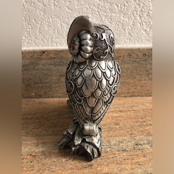 Silver Owls On Log with Red Gems Home Decor Figurine Statue 6" - Picture 6 of 9